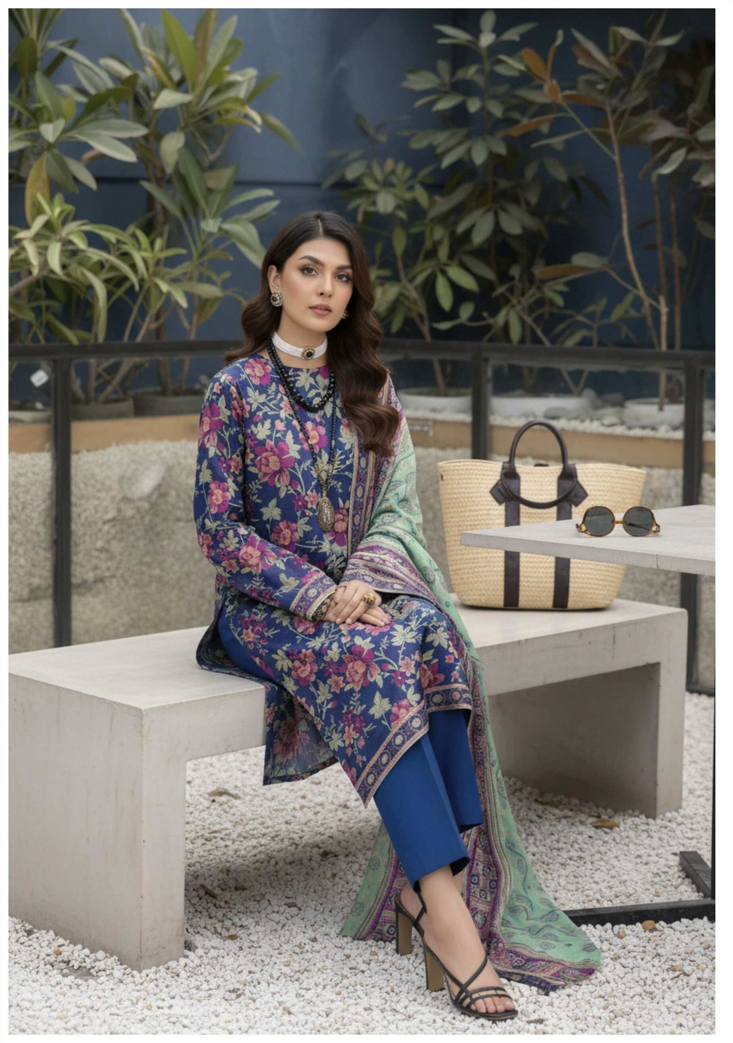 Royal blue floral printed 3-piece Pakistani suit with intricate embroidery and matching dupatta, designed by My Store.