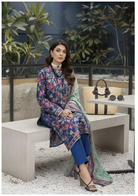 Royal blue floral printed 3-piece Pakistani suit with intricate embroidery and matching dupatta, designed by My Store.