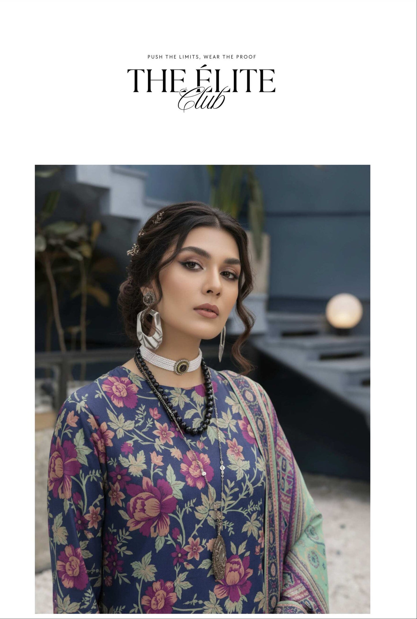 Royal blue floral printed 3-piece suit from the Elegant Pakistani Collection, featuring a traditional design with intricate patterns.