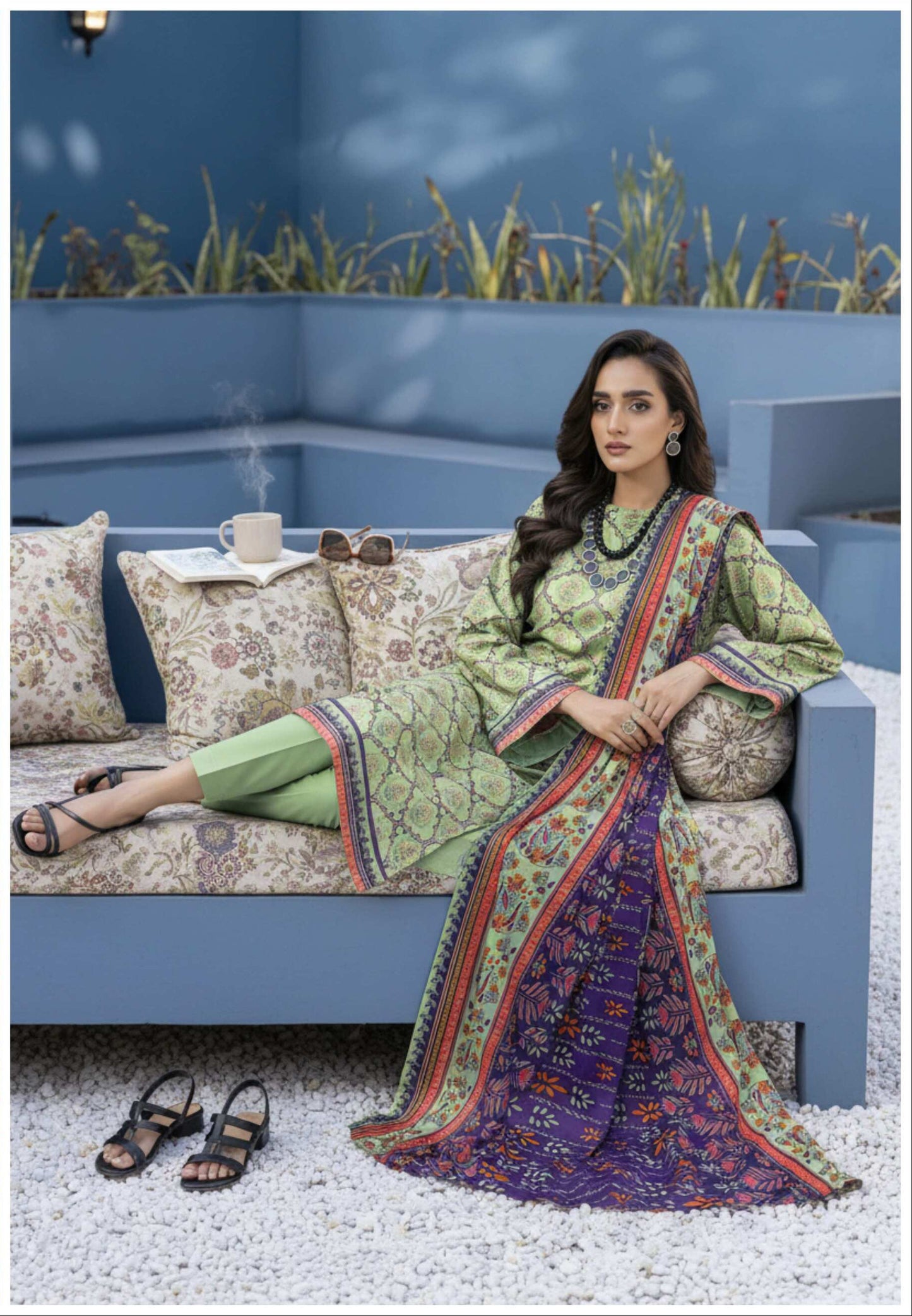 Elegant sage green printed 3-piece Pakistani suit with intricate designs, showcasing a traditional and stylish ensemble.
