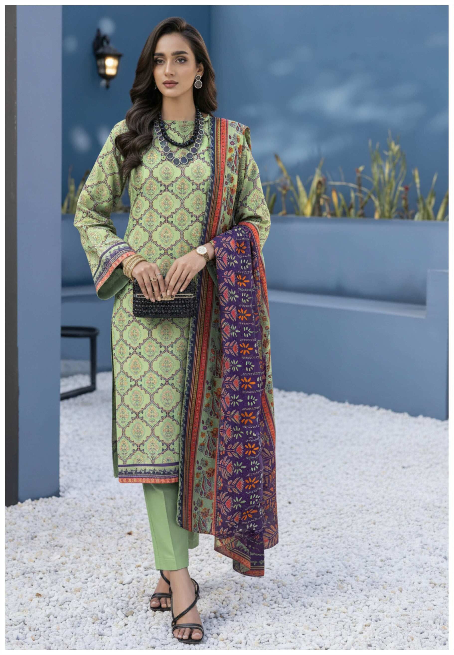 Elegant sage green printed 3-piece Pakistani suit with intricate designs, featuring a matching kurta, shalwar, and dupatta.