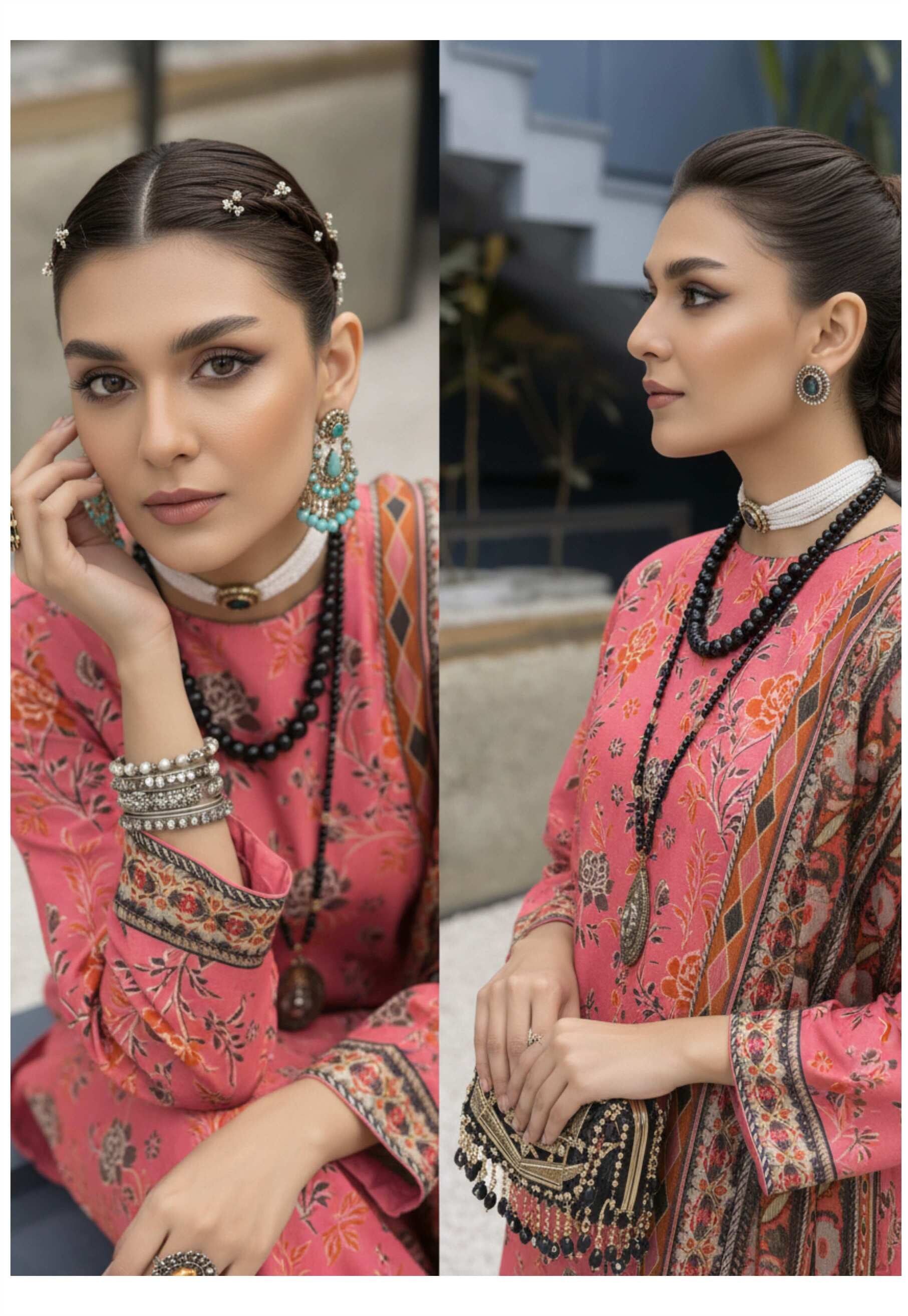 Elegant coral pink floral printed 3-piece suit from Pakistani collection featuring intricate embroidery and matching dupatta.