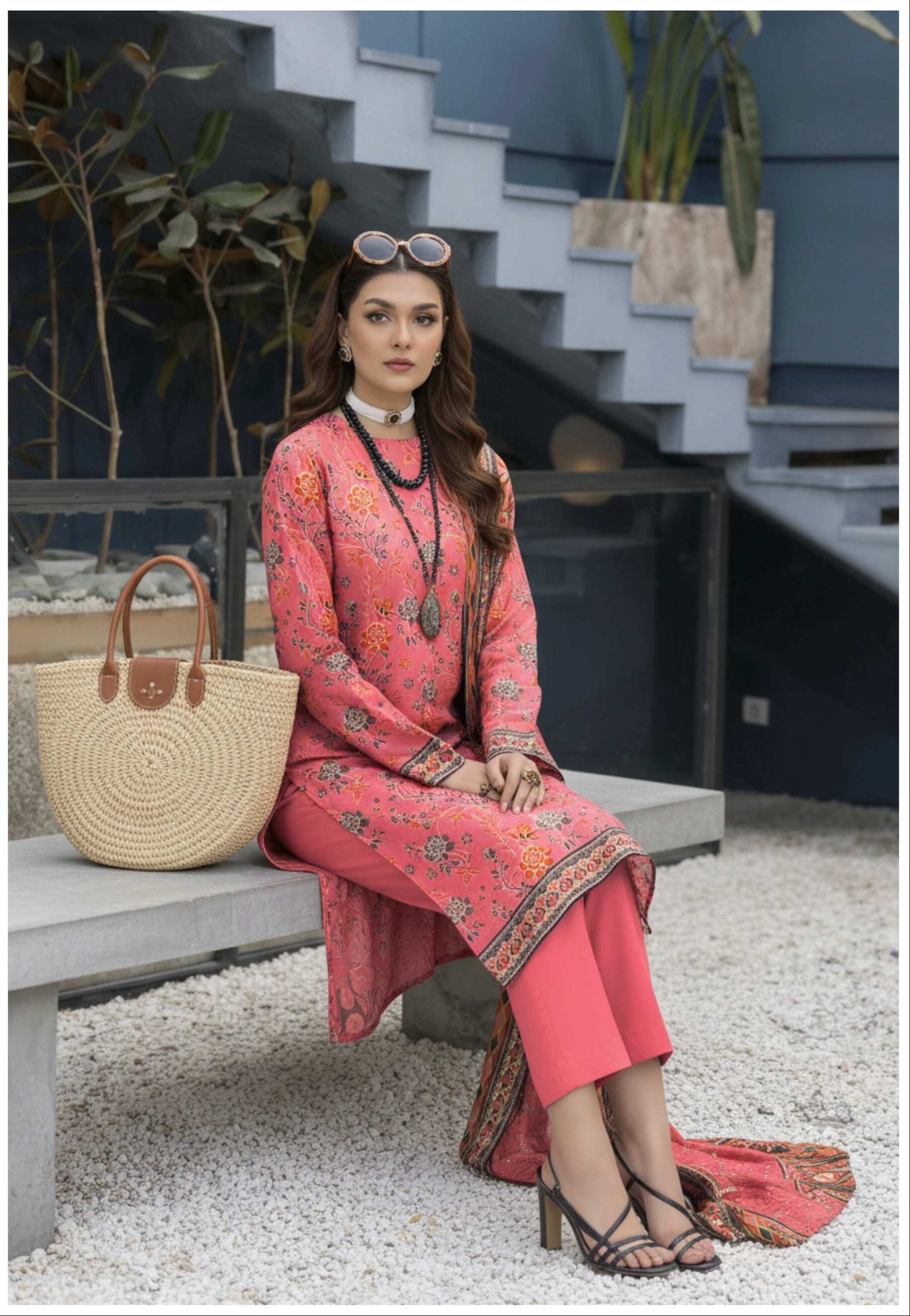 Elegant coral pink floral printed 3-piece Pakistani suit with intricate embroidery and matching dupatta, by My Store.