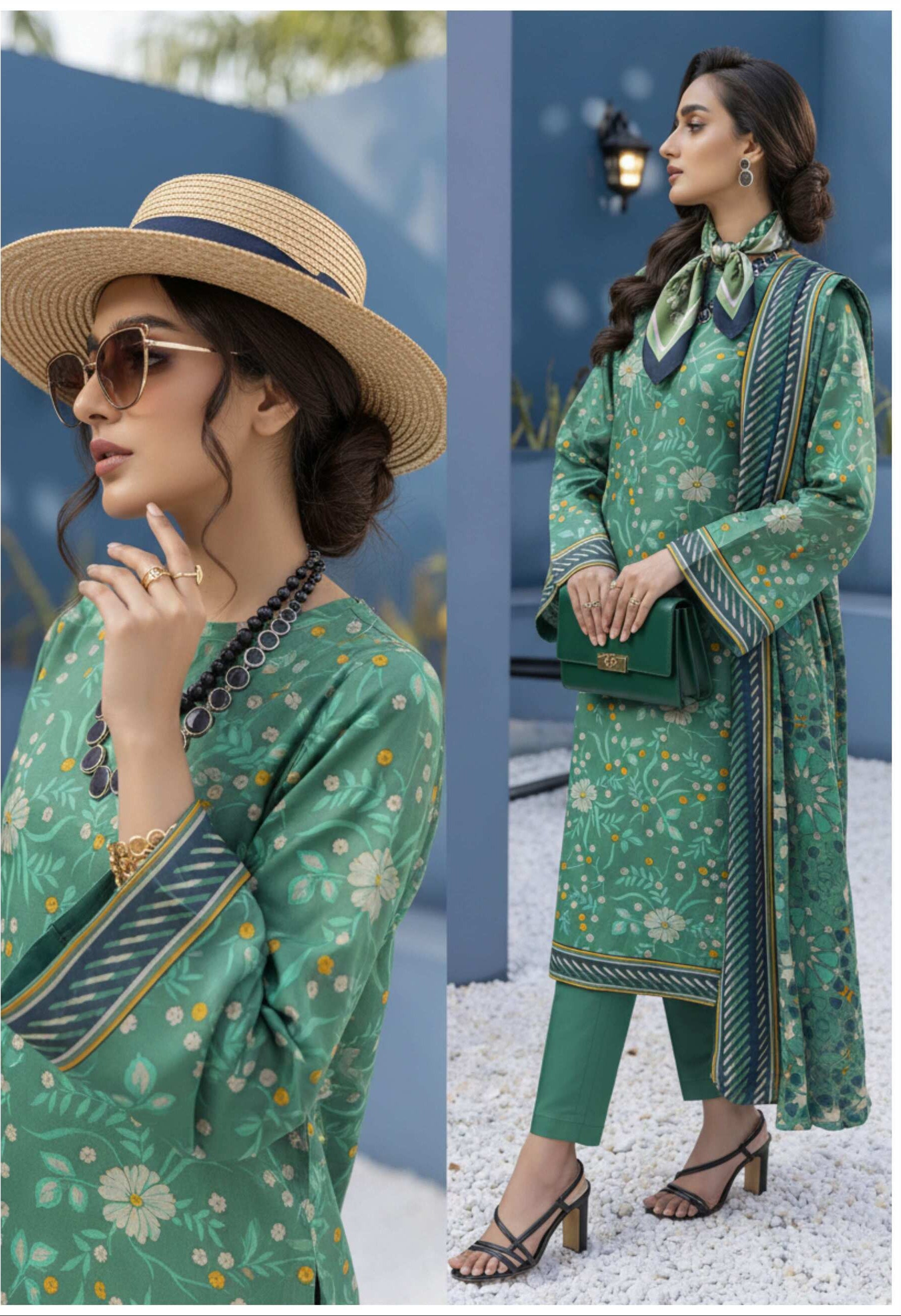 Sea green floral printed 3-piece lawn suit with matching dupatta, featuring elegant embroidery and lightweight fabric from My Store.