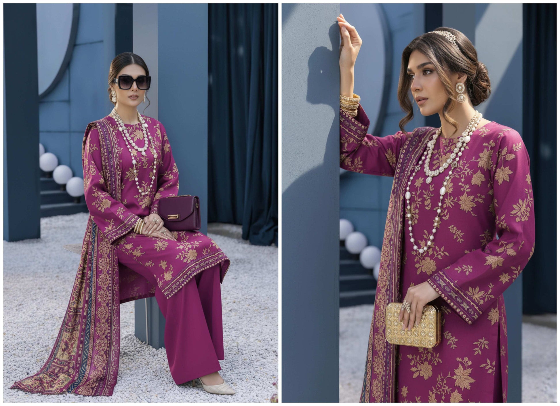 Luxury magenta embroidered 3-piece lawn suit with printed dupatta, featuring intricate embroidery and vibrant fabric details.