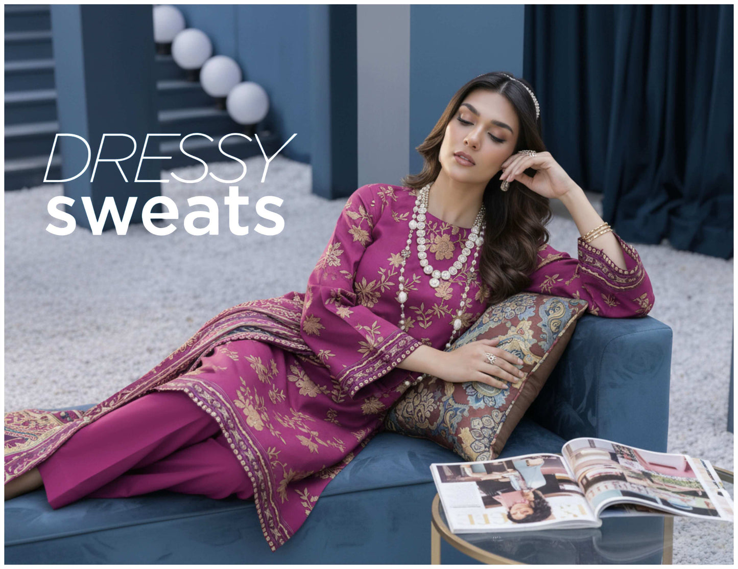 Luxury magenta embroidered 3-piece lawn suit with printed dupatta, featuring intricate embroidery and vibrant fabric from My Store.
