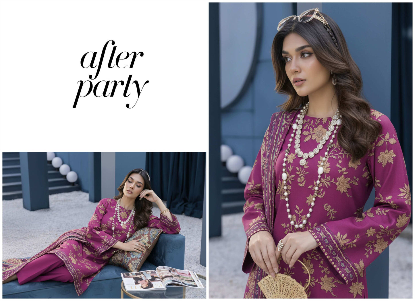 Luxury magenta embroidered 3-piece lawn suit with printed dupatta, featuring intricate embroidery and vibrant fabric details.