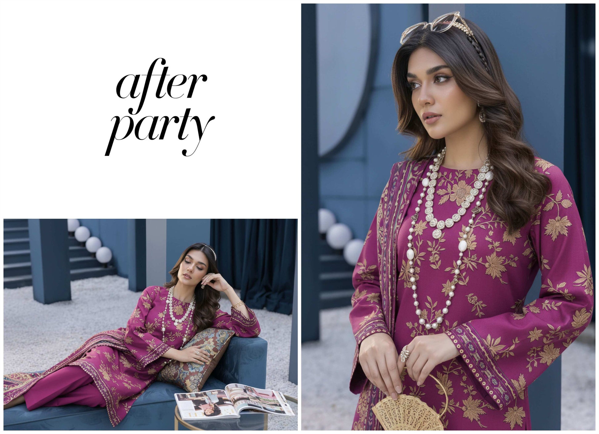 Luxury magenta embroidered 3-piece lawn suit with printed dupatta, featuring intricate embroidery and vibrant fabric details.