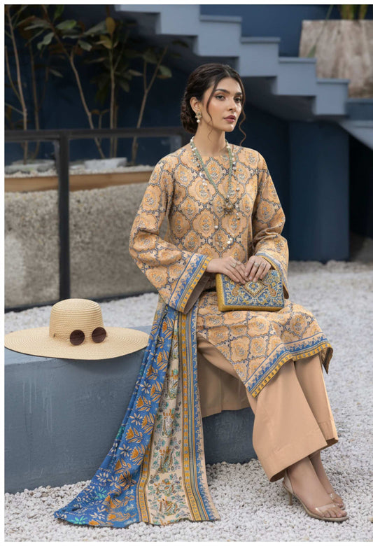 Elegant beige printed 3-piece lawn suit with matching blue printed dupatta, featuring detailed designs and lightweight fabric.