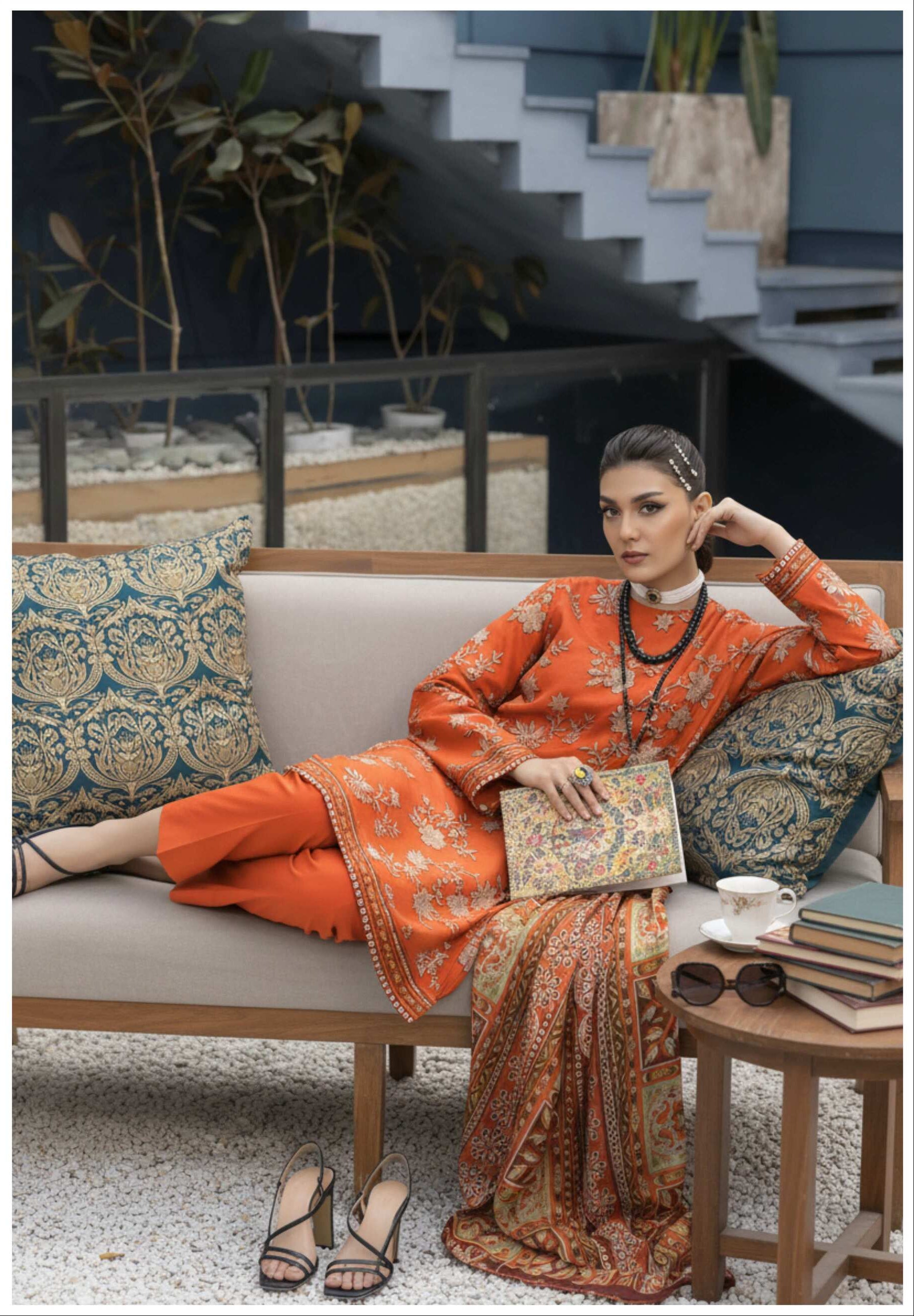 Rust orange embroidered luxury 3-piece suit with printed dupatta, featuring intricate embroidery and elegant design.