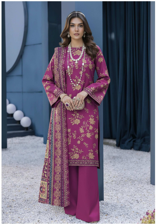 Luxury magenta embroidered 3-piece lawn suit with printed dupatta, featuring intricate embroidery and vibrant design.